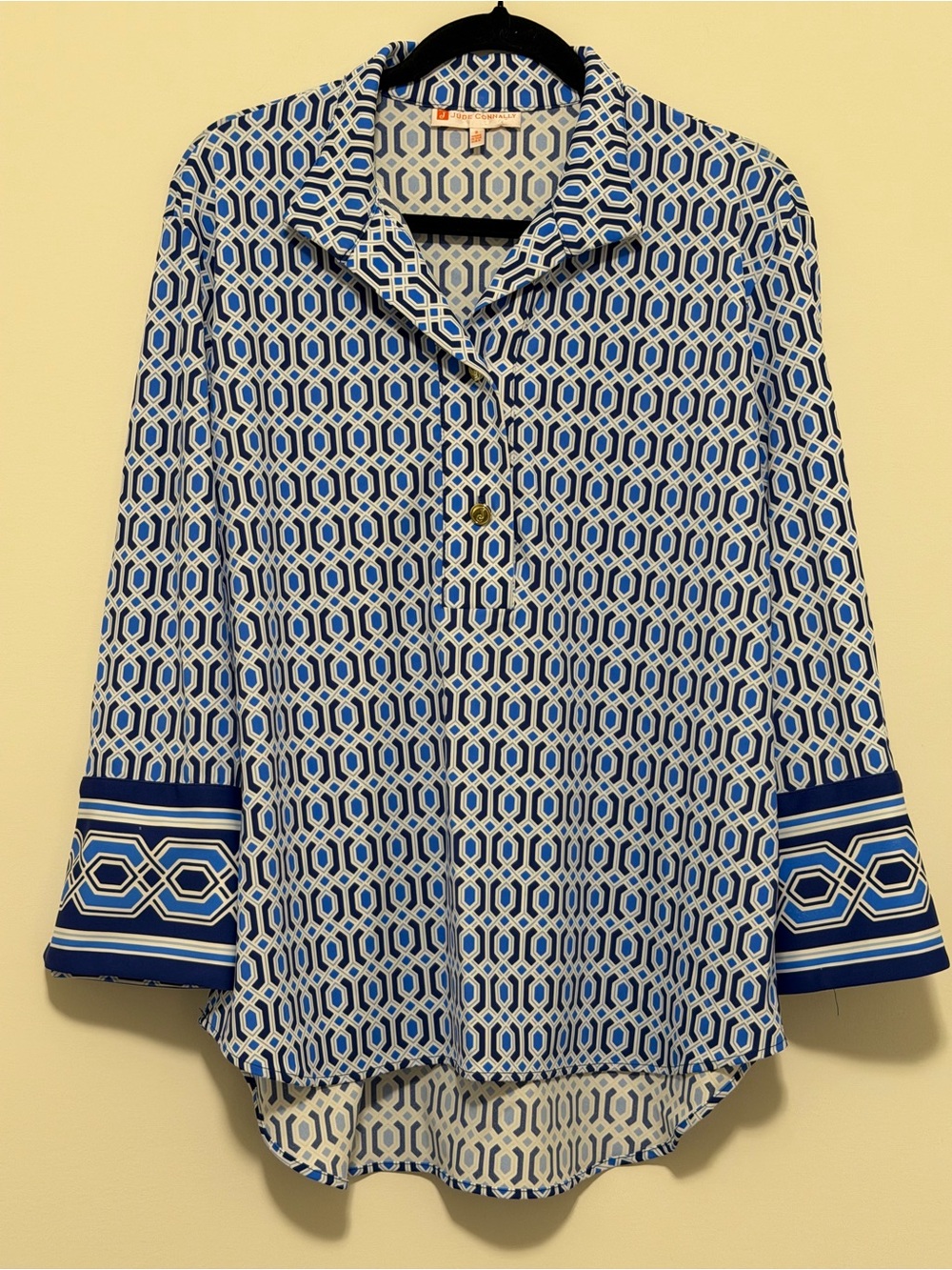Jude Connally Small Blue Geometric Tunic Top Preppy Resort Coastal Contemporary